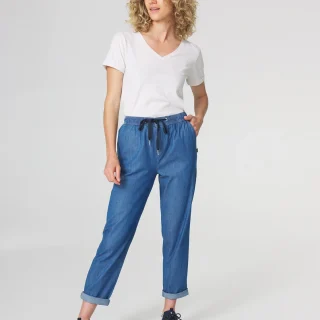 Pantalon Femme Ceinture Elastiquée Bleu